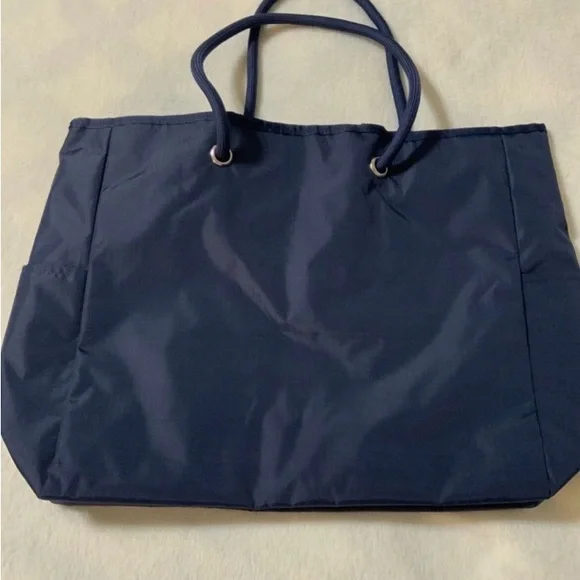 PINK Victorias Secret Tote Bag NEW Navy Blue & Green - Reversible Stripes - Picture 3 of 4